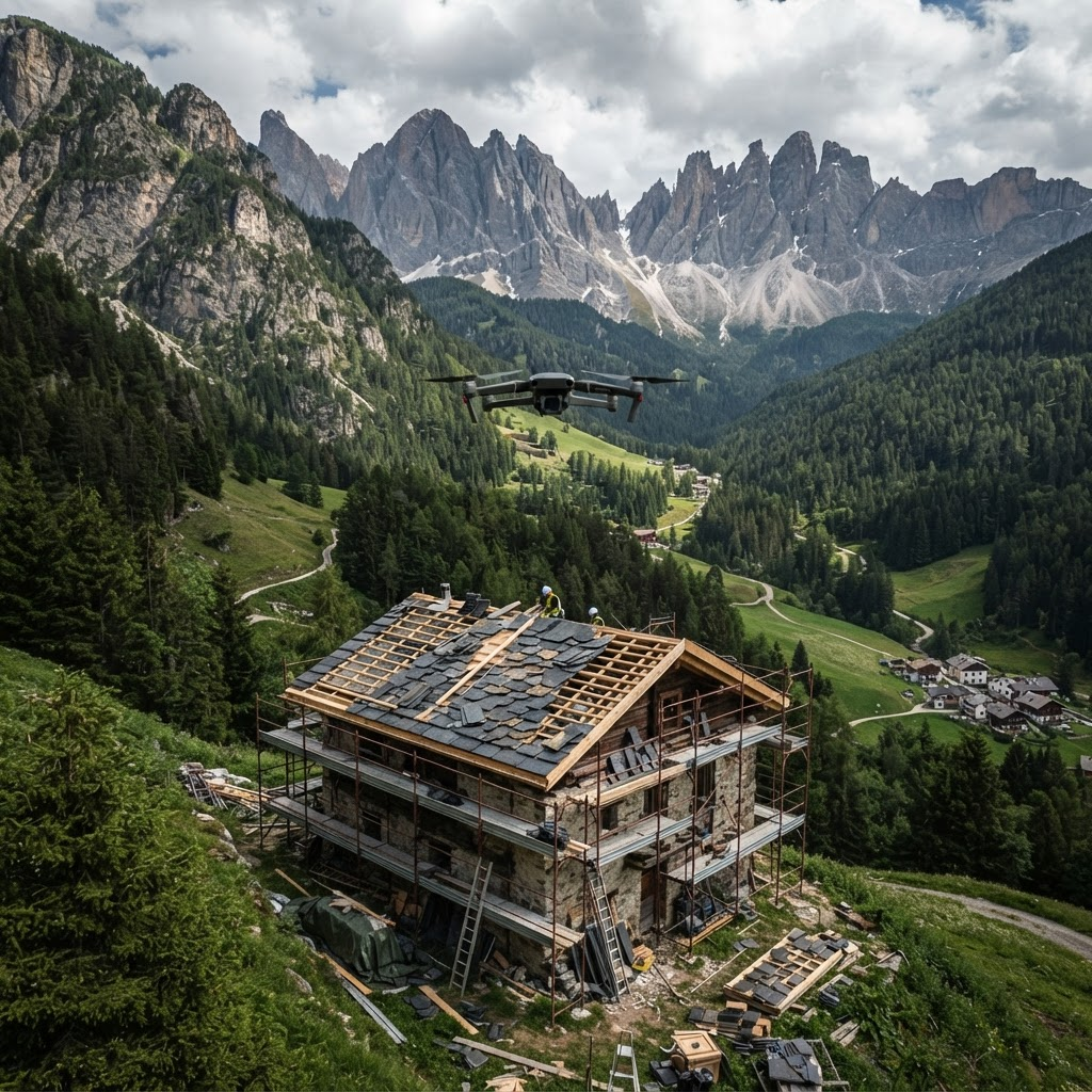 A drone flying above a chalet roof under construction with slate tiles, workers on the roof, and the Dolomites behind