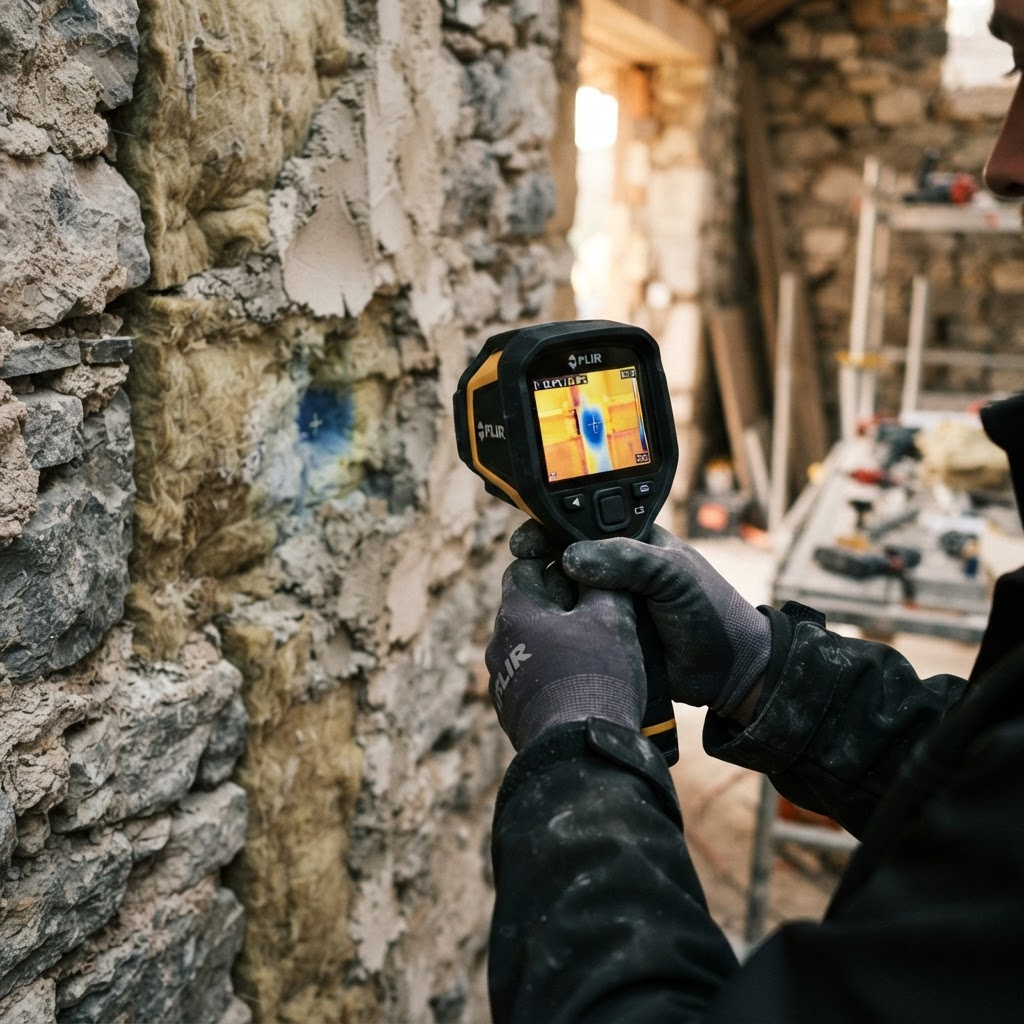 A gloved hand holding a thermal imaging camera against a stone wall inside a building under renovation