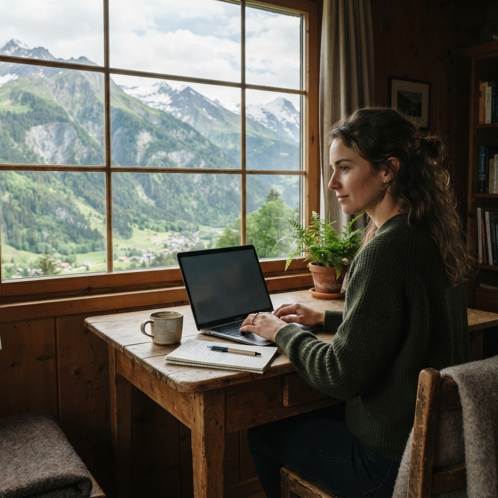 A woman working at a wooden desk on a laptop beside a window looking out over a mountain valley