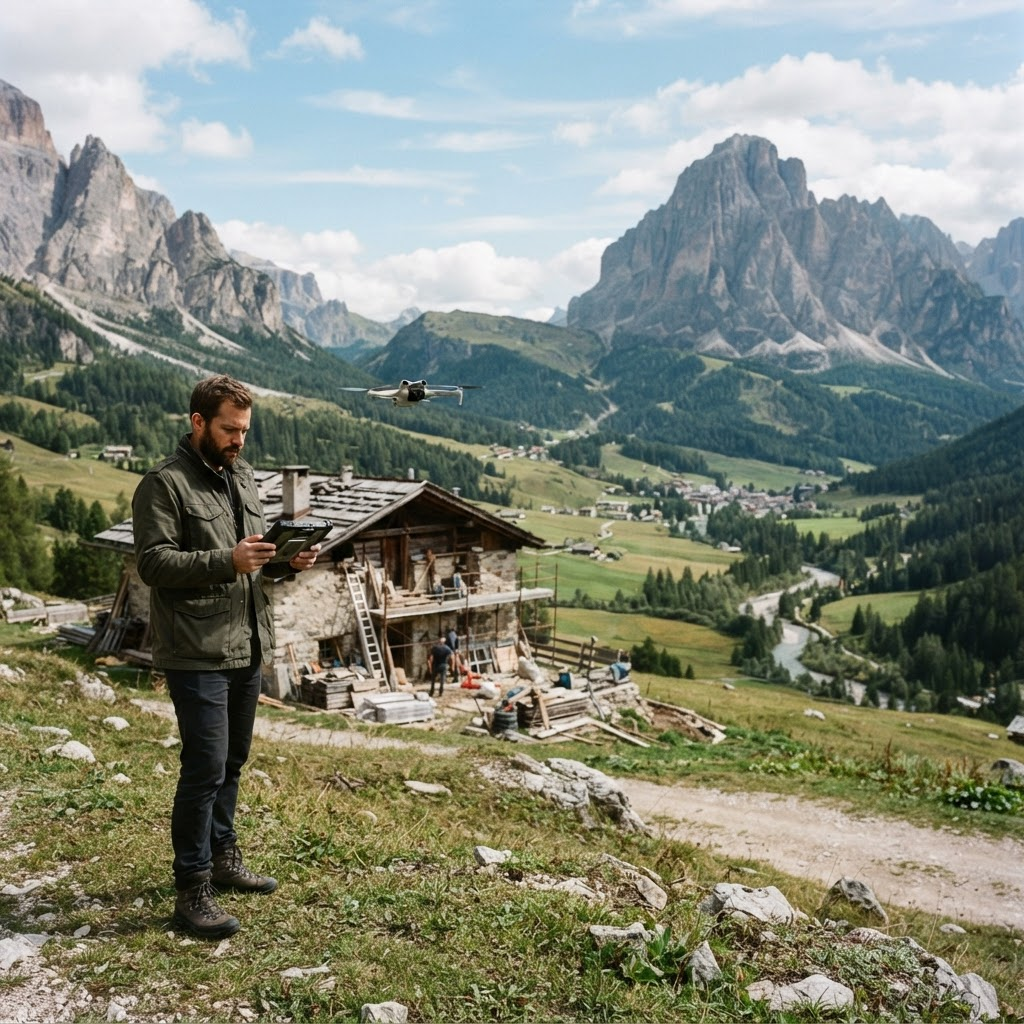 A man in a green field jacket operating a drone controller with a chalet under construction and a mountain valley behind him